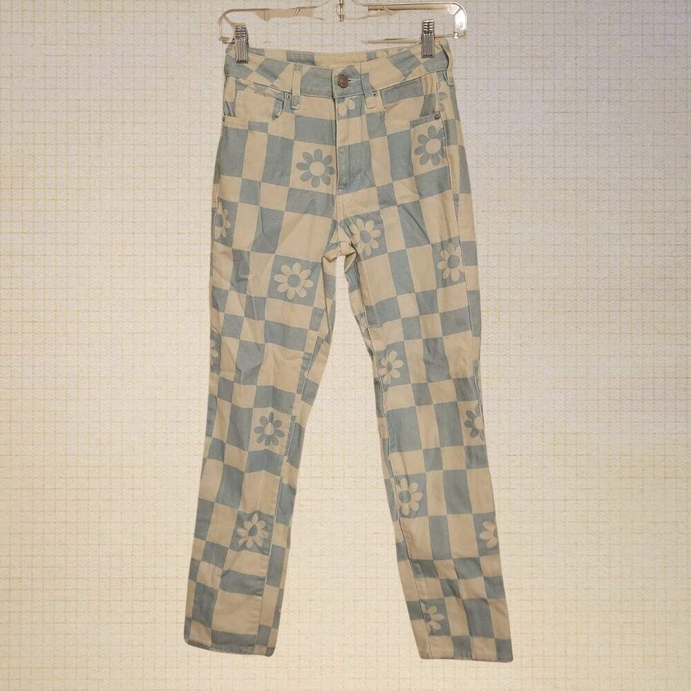 Checkered Floral Straight Leg Jeans PacSun Baby Blue Off White 24x28 Cotton